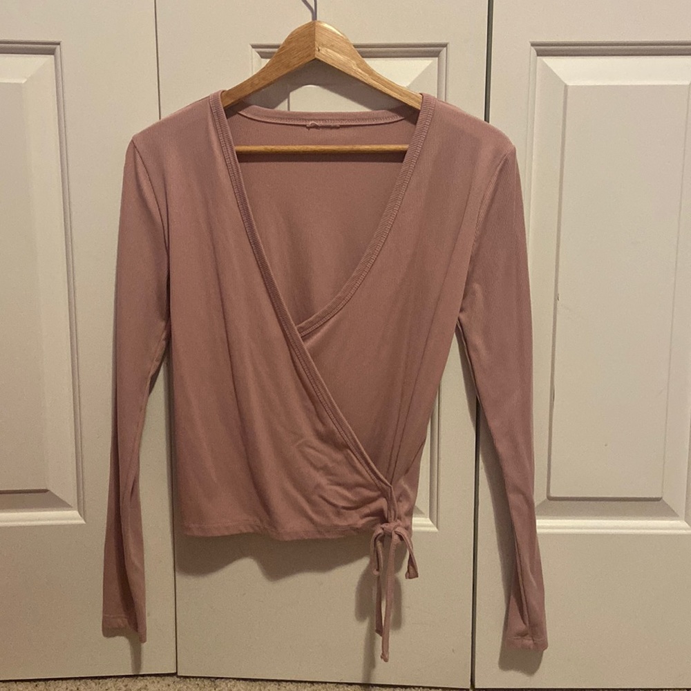 Cute pink crossover tie long sleeve shirt